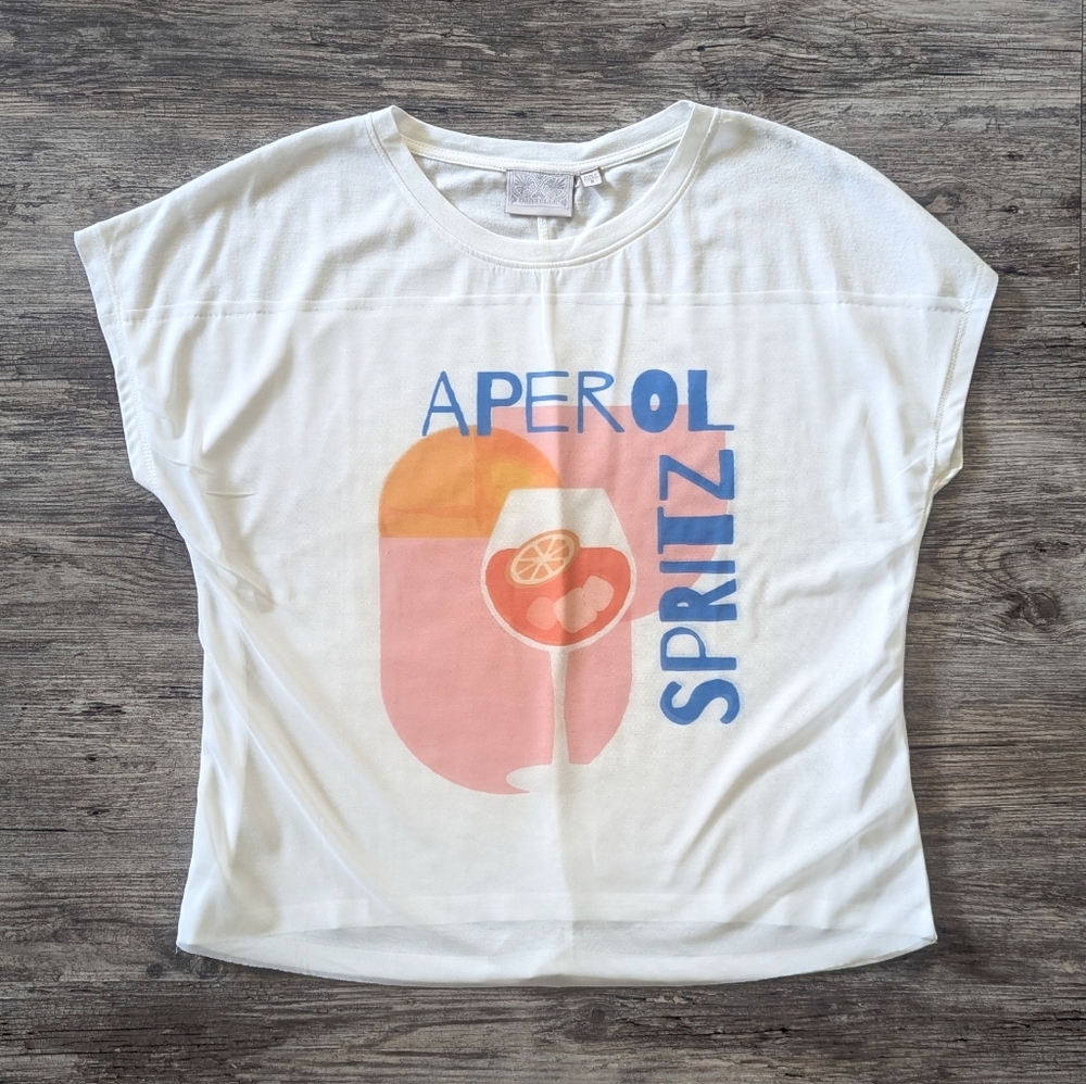NWOT Dantelle - White Knit Tee With Mesh Overlay & Aperole Spritz Graphic Sz S